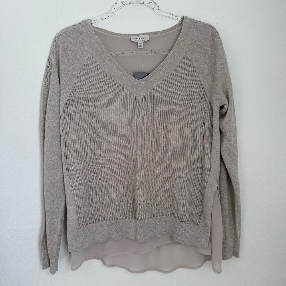 Lucky Women’s Sweater Silver Lined Metallic Sz M Linen Blend Holiday Party NWT